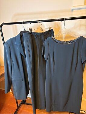 Three-Piece Dark Teal Women's Suit Set - Blazer, Pants & Dress